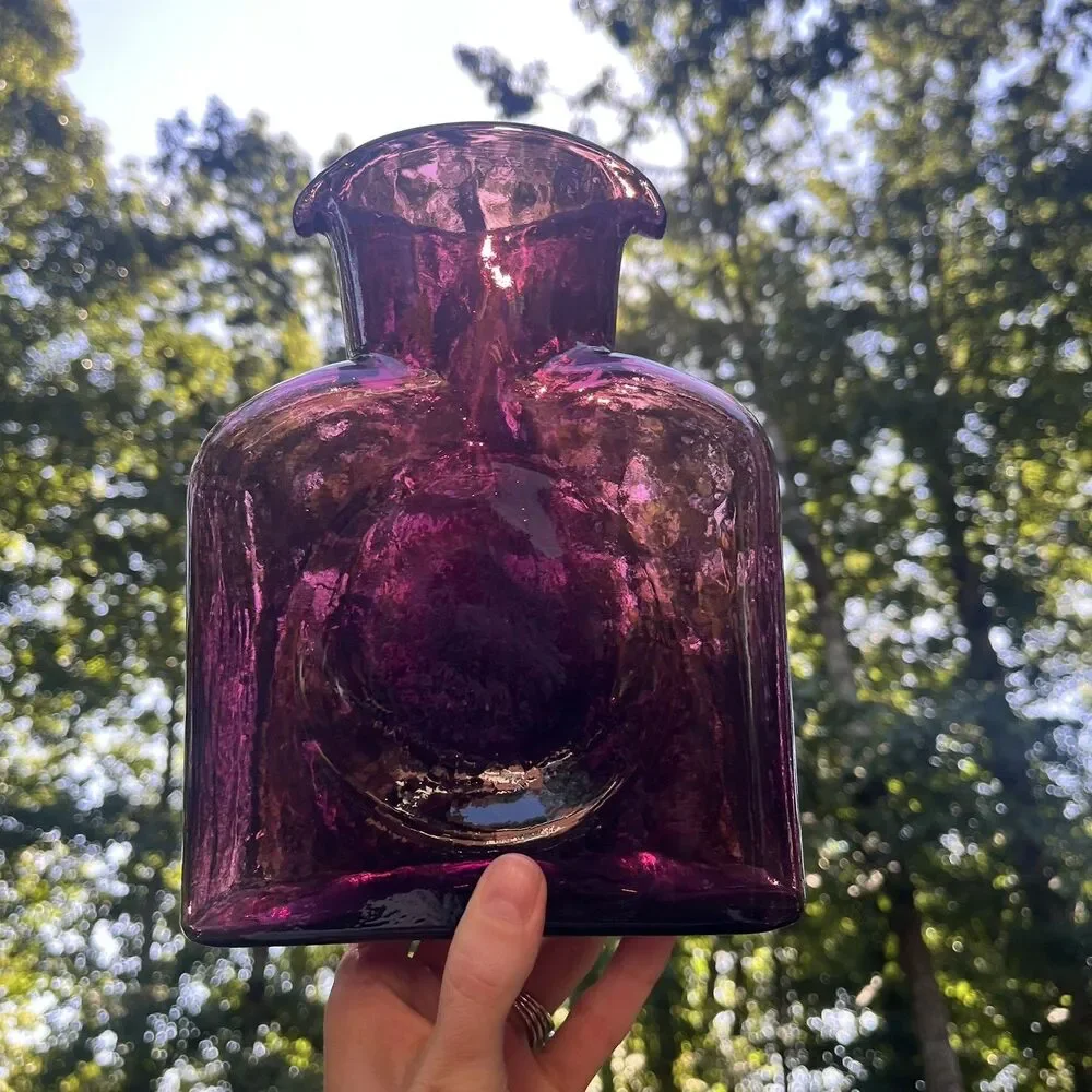 Blenko #384 Amethyst Double Spout Water Bottle Hand Blown MCM Glass 2001 Signed